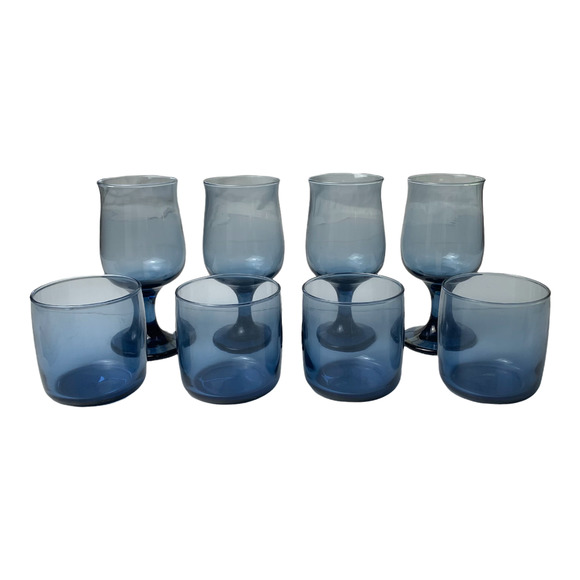 Libbey Dusky Blue Wine Tulip Goblets & Anchor Hocking Low Ball Juice Glasses EUC
